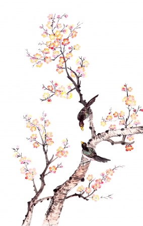 Chinese brush painting with birds in a tree