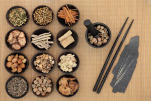 Various chinese herbs presented on a table