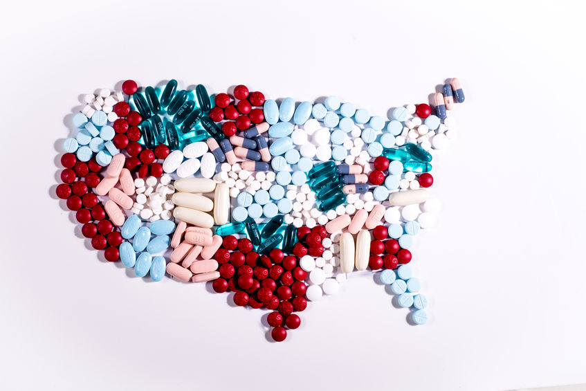 map of America created with various drug capsules