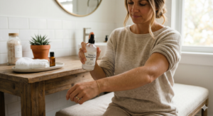 Magnesium oil spray with woman's arms shown
