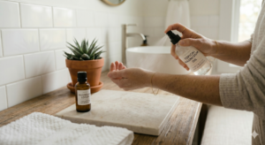 Magnesium oil spray with woman's arms shown