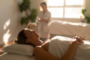 Woman on a treatment table preparing for dry needling treatment